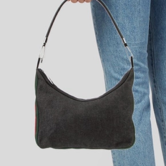 Gucci Web Sherry Line Shoulder Bag Black Denim Red Green Stripe Hobo New - Picture 3 of 16